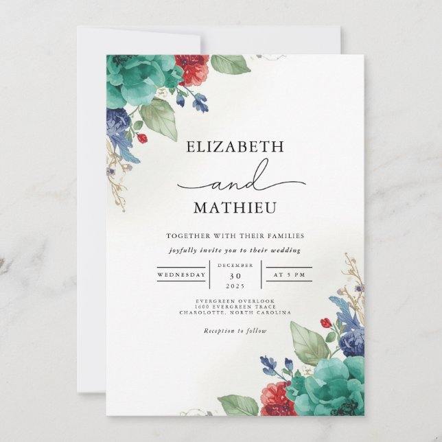 Teal Blue Floral Botanical Wedding Invitation (Front)