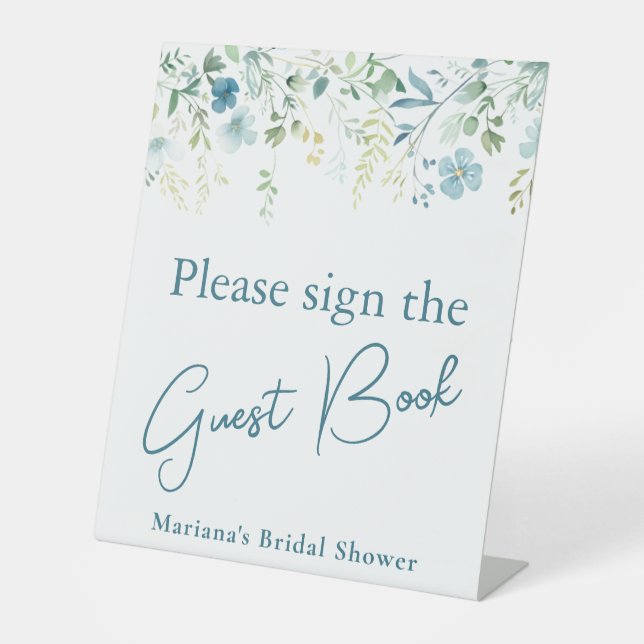 Teal Blue Floral Bridal Shower Guest Book Table Pedestal Sign (Front)