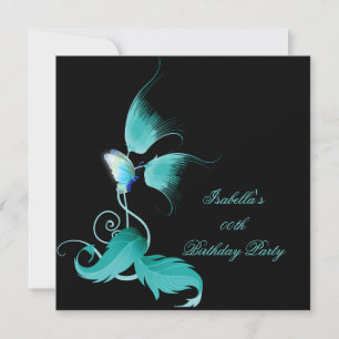 Teal Blue Floral Butterfly Black Birthday Party Invitation