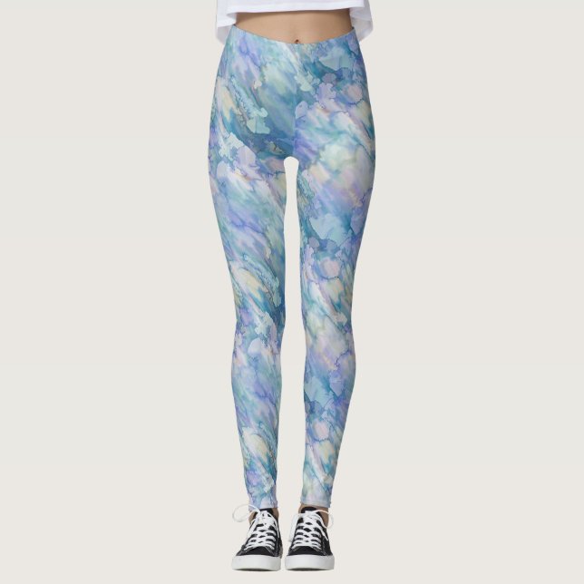 Teal Blue Floral Delight Leggings (Front)