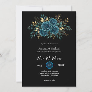 Teal Blue Floral Gold Wedding Invitation Card