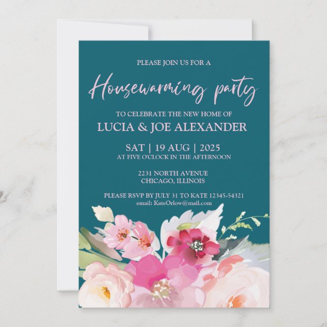 Teal Blue Floral Housewarming party  Invitation (Front)