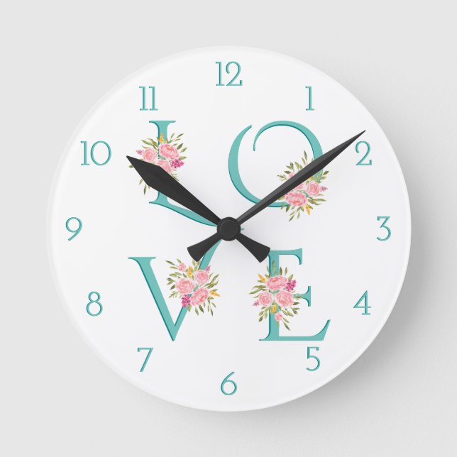 Teal blue floral Love typography Valentines Day Round Clock (Front)