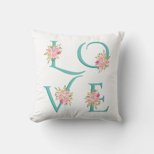 Teal blue floral Love typography Valentines Day Th Cushion