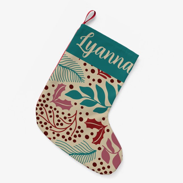 Teal Blue Floral Pattern Retro Cosy Christmas Small Christmas Stocking (Front (Hanging))