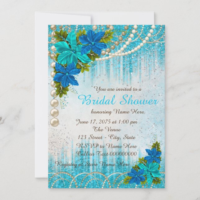 Teal Blue Floral Pearl Bridal Shower Invitation (Front)