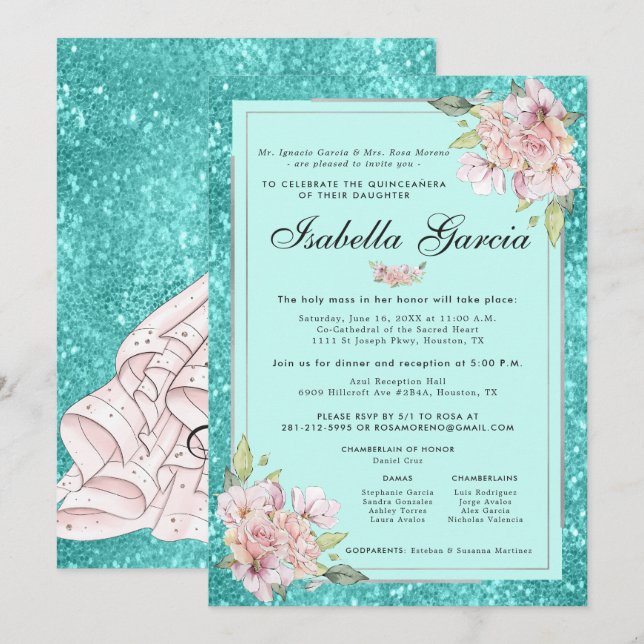Teal Blue Floral Quinceañera Birthday Invitation (Front/Back)