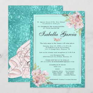 Teal Blue Floral Quinceañera Birthday Invitation