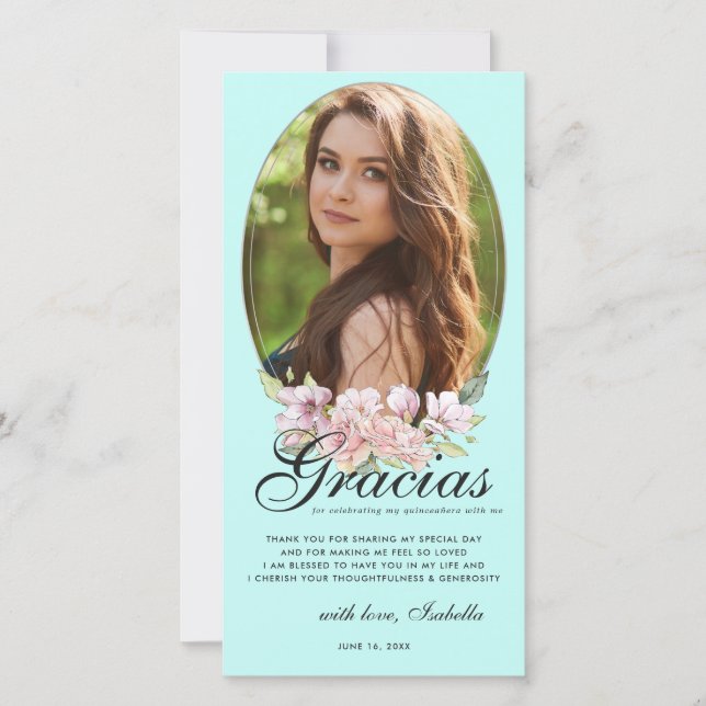 Teal Blue Floral Quinceañera Photo Thank You Card (Front)