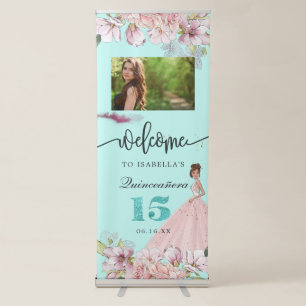 Teal Blue Floral Quinceañera Welcome Banner
