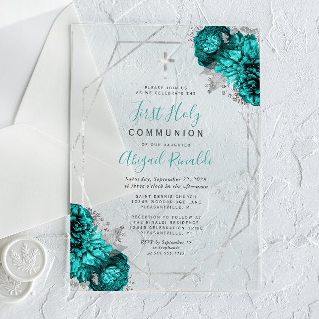Teal Blue Floral Silver Frame First Holy Communion Acrylic Invitations (Creator Uploaded)