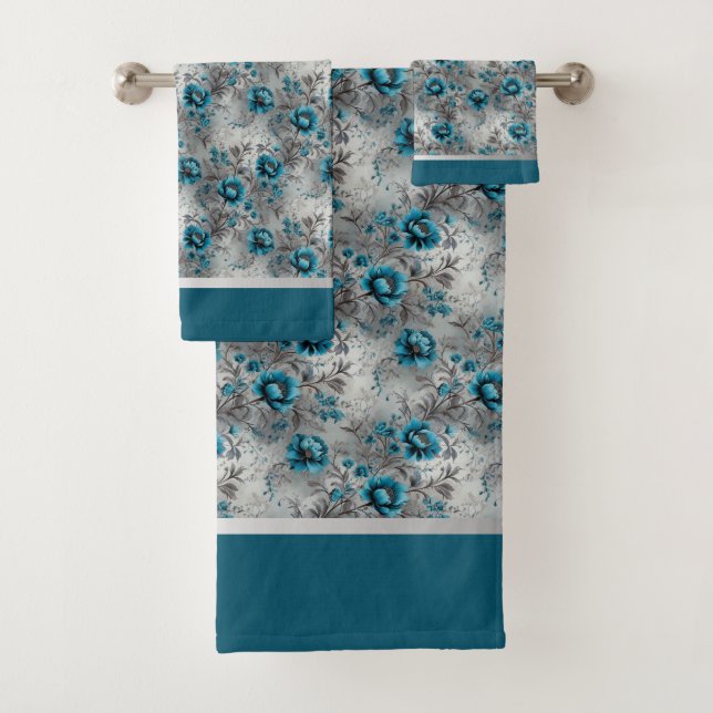Teal Blue Floral Soft and Stylish  Bath Towel Set (Insitu)
