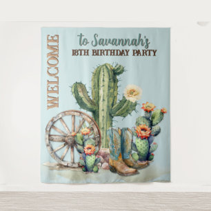 Teal Blue Flowering Cactus Boots Welcome Backdrop Tapestry