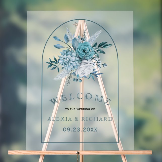 Teal blue flowers and arch frosted welcome wedding acrylic sign (Neutral)