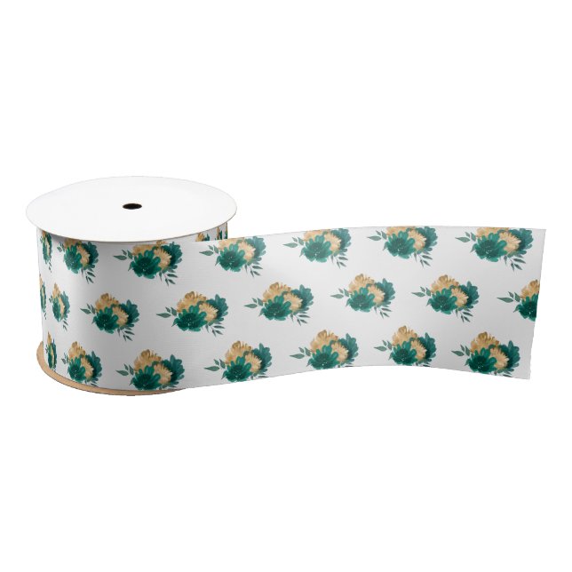 Teal Blue Flowers and Greenery Pattern Satin Ribbon (Spool)