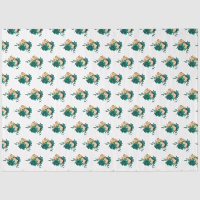 Teal Blue Flowers and Greenery Pattern Tissue Paper (Front)