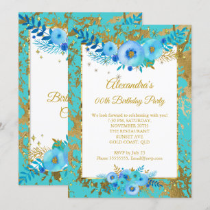 Teal Blue Flowers Gold Birthday Party Invitation