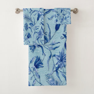 Teal Blue flowers on a sculpture texture backing Bath Towel Set