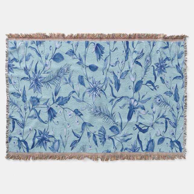 Teal Blue flowers on a sculpture texture backing Throw Blanket (Front)