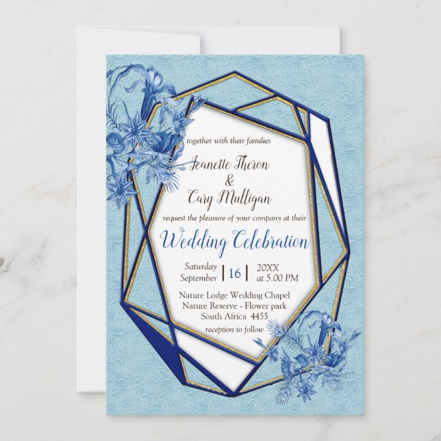 Teal Blue flowers on a sculpture textured backing Invitation (Front)