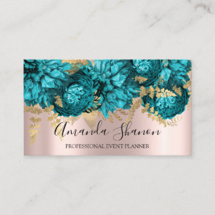 Teal Blue Flowers Rose Gold Logo Event Planner  Business Card