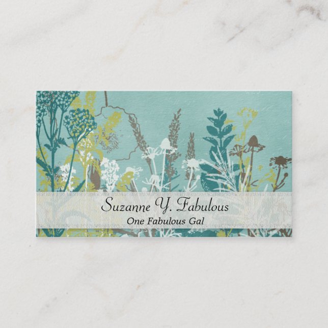 Teal Blue Flowers Stamped Fancy Business Card (Front)