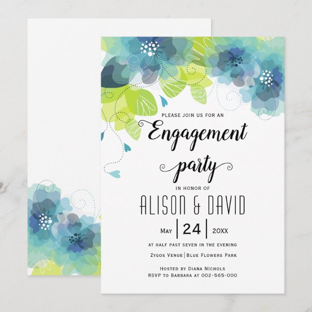 Teal blue flowers wedding engagemnet party invitation (Front/Back)