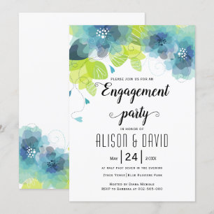 Teal blue flowers wedding engagemnet party invitation