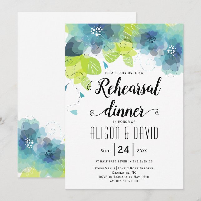 Teal blue flowers wedding rehearsal dinner invitation (Front/Back)