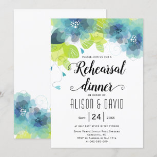 Teal blue flowers wedding rehearsal dinner invitation