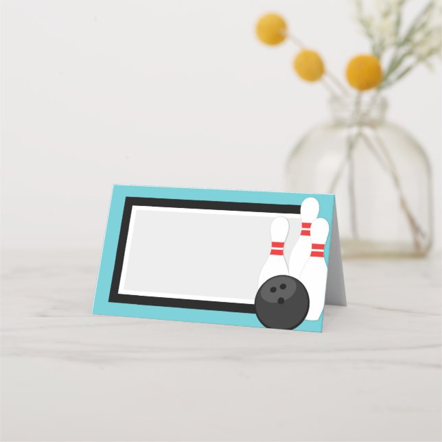 Teal Blue Folding Bowling Label or Place Cards (Front)