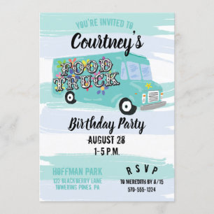 Teal Blue Foodtruck Birthday Party Custom Invitation