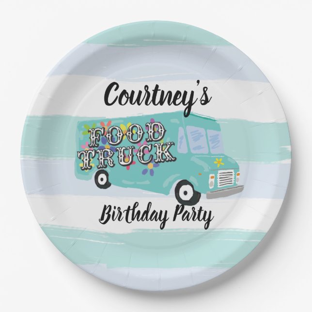 Teal Blue Foodtruck Birthday Party Custom Paper Plate (Front)