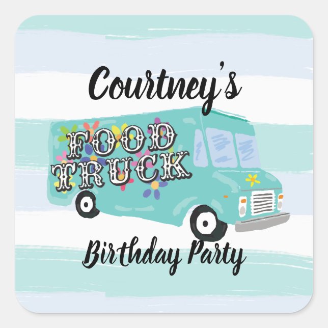 Teal Blue Foodtruck Birthday Party Custom Square Sticker (Front)