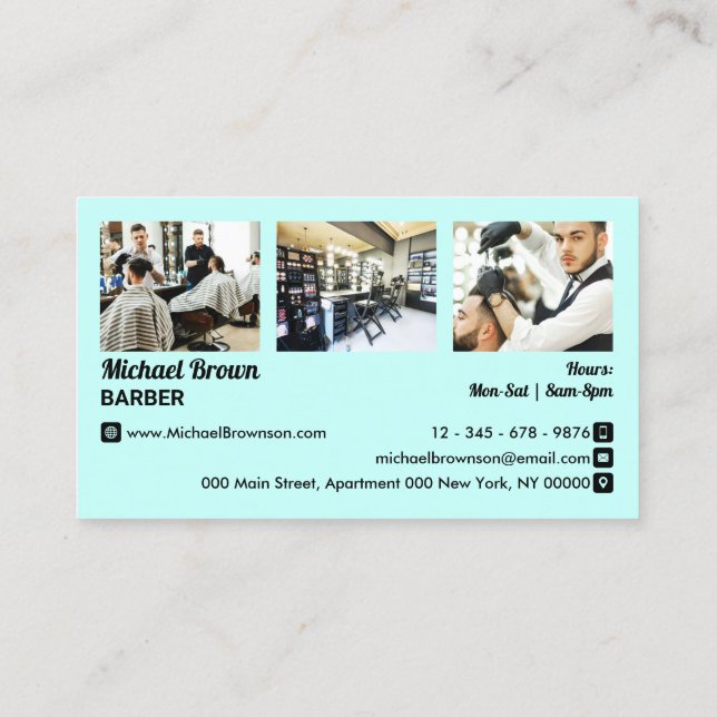 Teal Blue Frame Photo Barber shop Business Card (Back)
