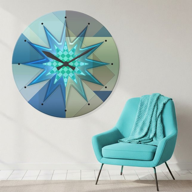 Teal Blue Geometric Harlequin  Round Clock (Wall clock showing a playful geometric design in teal and turquoise with a harlequin patterned star)