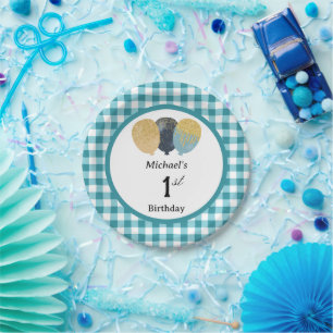 Teal Blue Gingham & Balloons 1st Birthday Paper Plate