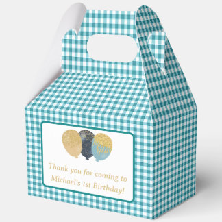 Teal Blue Gingham Balloons Custom Photo Birthday  Favour Box