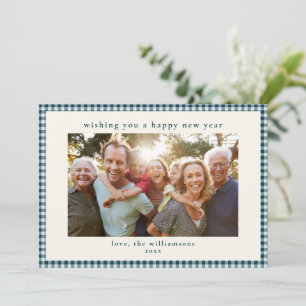 Teal Blue Gingham Family Photo New Year 2027 Holiday Card
