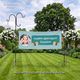 Teal Blue Gingham Glitter Balloons Photo Birthday Banner