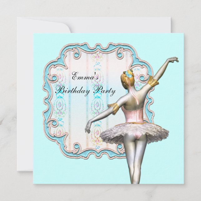 Teal Blue Girls Ballerina Birthday Party Invitation (Front)