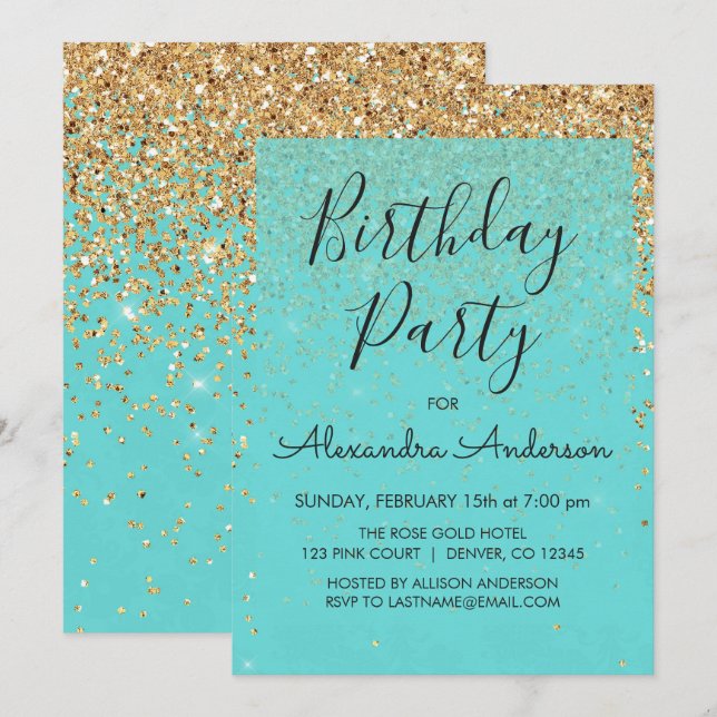 Teal Blue Girly Glitter Sparkle Any Age Birthday Invitation (Front/Back)
