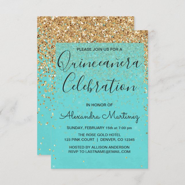 Teal Blue Girly Glitter Sparkle Quinceanera Invitation (Front/Back)