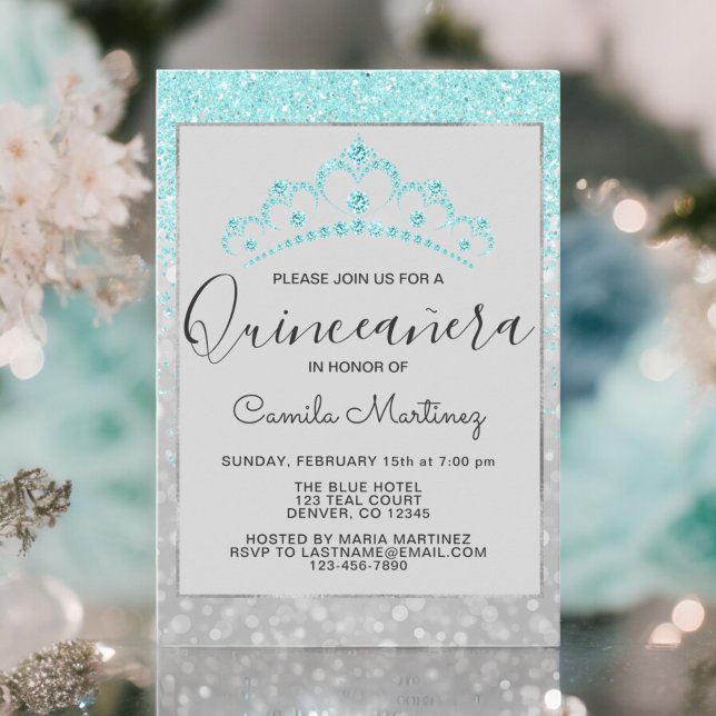Teal Blue Girly Glitter Sparkle Quinceanera Invitation (Creator Uploaded)