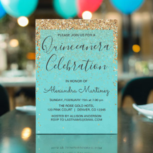 Teal Blue Girly Glitter Sparkle Quinceanera Invitation