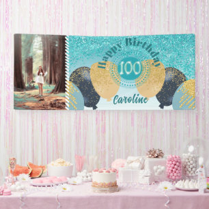 Teal Blue Glitter 100th Birthday & Balloons  Banner
