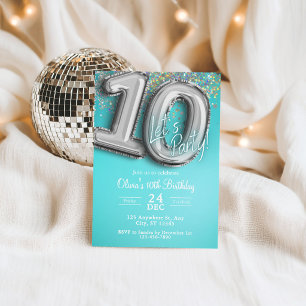 teal blue Glitter 10th Birthday Invitation