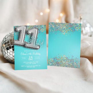 Teal blue glitter 11th Invitation