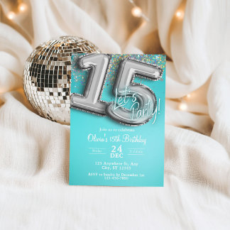 Teal blue glitter 15th Invitation