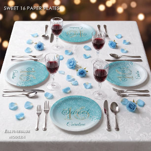 Teal Blue Glitter, 16 Glitter, Sweet 16 Birthday Paper Plate